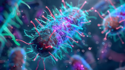 Obraz premium A close-up, microscopic view of a virus with spiky protrusions, rendered in vibrant shades of blue, purple, and red.