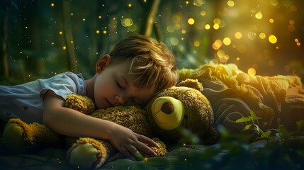 Naklejka premium Peaceful Child Sleeping with Teddy Bear in Magical Dreamland