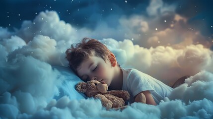 Sleeping Child Embracing Teddy Bear in Magical Dreamland
