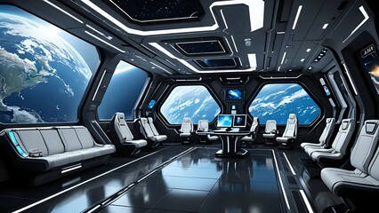 Futuristic spaceship interior with Earth visible through the windows.