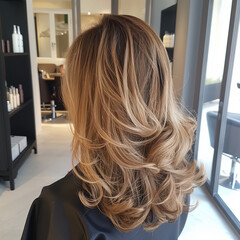 Hairstyle ideas. Hair style is Balayage (Ombre, Highlighting, Sun Kiss). Woman Portrait in Hair Salon 