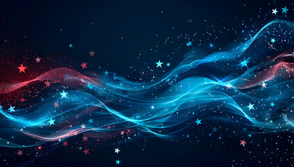 Vibrant abstract background featuring dynamic red and blue waves with glowing stars, creating a sense of energy and movement. Perfect for themes of celebration, patriotism, and festivity. Ai Image.