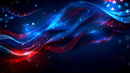 Vibrant abstract background featuring dynamic red and blue waves with glowing stars, creating a sense of energy and movement. Perfect for themes of celebration, patriotism, and festivity. Ai Image.