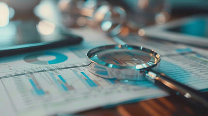 High Angle View of Financial Documents with Graphs and Tables: Showing financial documents featuring graphs and tables, with a magnifying glass inspecting the details, emphasizing analysis