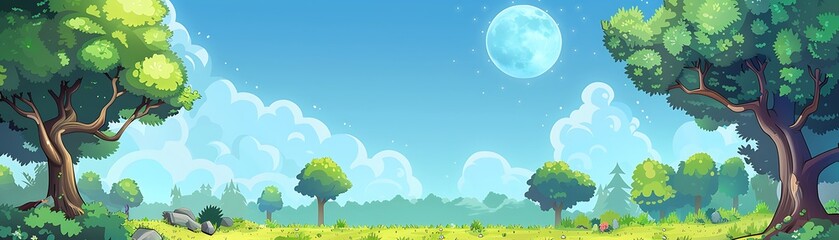 Whimsical cartoon landscape with blue moon and fluffy clouds