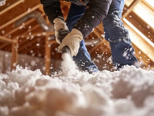 Contractor installing blown-in cellulose insulation in an attic.