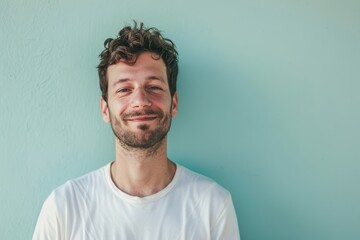 Obraz premium Portrait of a satisfied man in his 30s wearing a simple cotton shirt in front of pastel or soft colors background