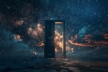 An open door stands in the middle of the sky, creating a surreal and dreamlike scene, symbolizing new opportunities and the unknown.