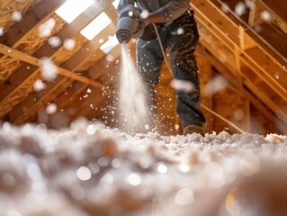 Construction Worker Blowing Insulation Into Attic, Close Up.