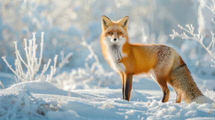 Fototapeta premium A striking image of a red fox amidst snow-covered trees under a clear blue sky in a serene snowy forest setting.