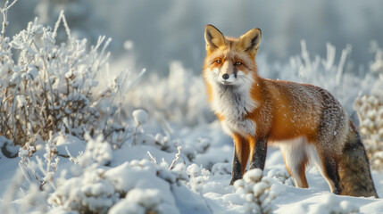 The tranquil beauty of a red fox in a snowy forest, surrounded by snow-covered trees and a clear blue sky.


