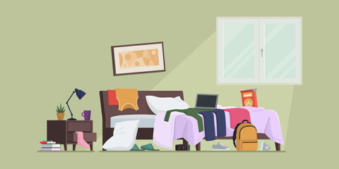 Messy cluttered teenager bedroom interior