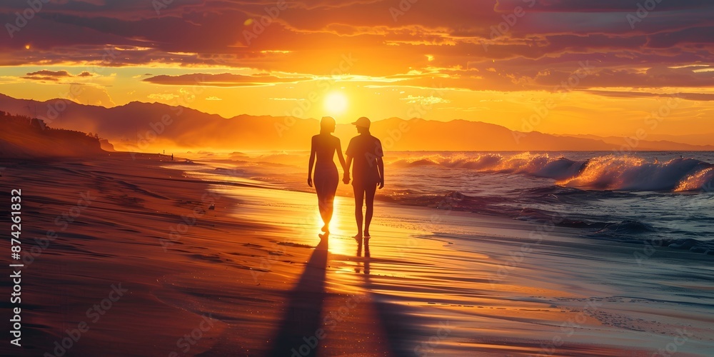 Wall mural Young couple enjoying a sunset on a beach, highlighting romance, relaxation, and natural beauty