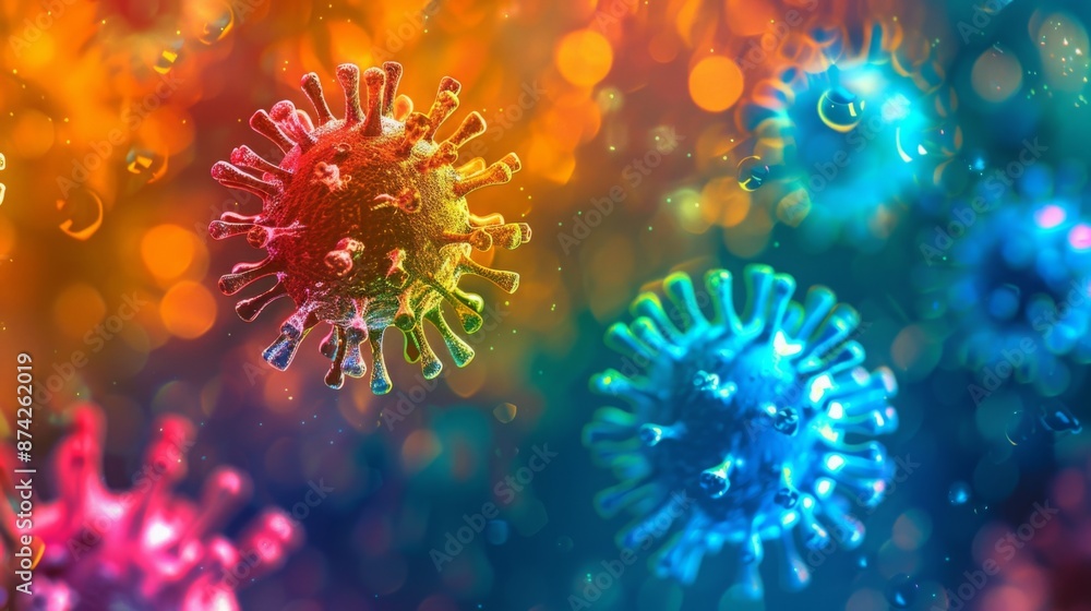 Poster a digital illustration of colorful viruses with a bokeh background.