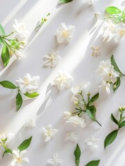 a closeup of jasmine flowers and buds on the clean white floor, top view photography, soft lighting, minimalism