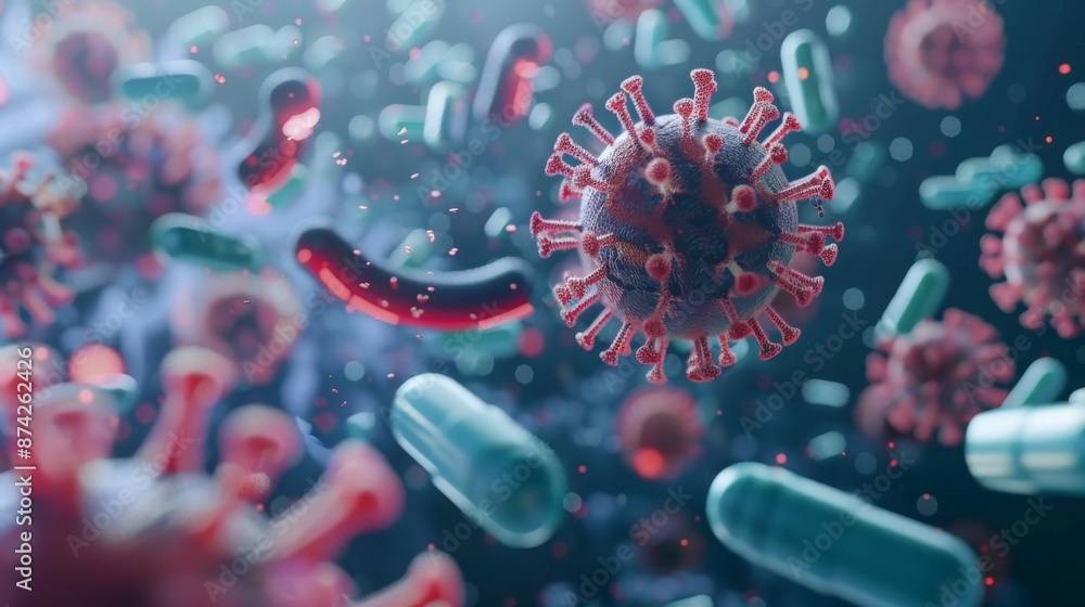 Aufkleber a 3d rendering of a virus surrounded by various other microorganisms, including bacteria and viruses