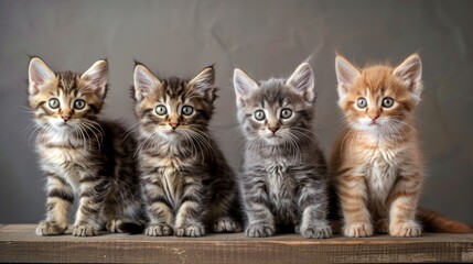 Five adorable kittens sitting in a row, each with unique fur colors and patterns.