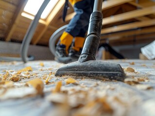 Closeup of a Vacuum Cleaner Nozzle Sucking Up Sawdust in an Attic.