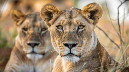 Obraz premium Close-Up Portraits of Lions in Their Natural Savanna Habitat