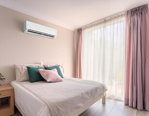  A cozy hotel room in pastel colors, featuring a white air conditioner on the wall, a comfortable bed, and a potted plant.