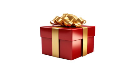 A classic red gift box with a gold bow, wrapped in shiny wrapping paper and tied with a festive ribbon