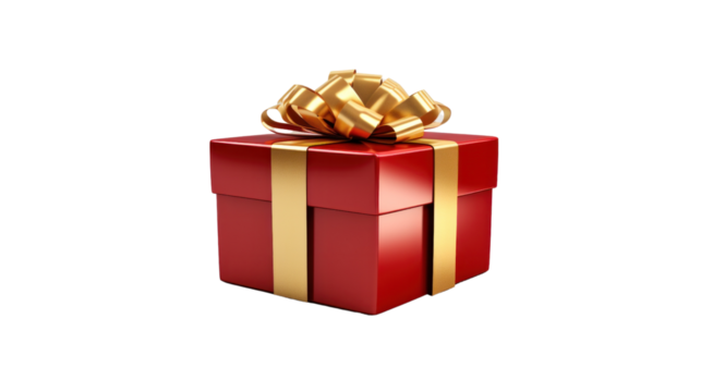 A classic red gift box with a gold bow, wrapped in shiny wrapping paper and tied with a festive ribbon