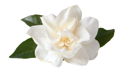 A captivating white gardenia with velvety gold stamens, unveiling its exotic charm against a clean white backdrop