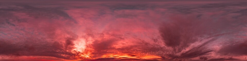 sunset sky panorama with red burning clouds. Seamless hdr 360 pano in spherical equirectangular format. Sky dome or zenith for 3D visualization, sky replacement for aerial drone panoramas