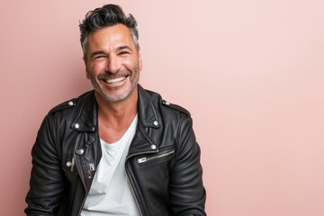 Fototapeta premium Portrait of a glad man in his 40s sporting a classic leather jacket on pastel or soft colors background