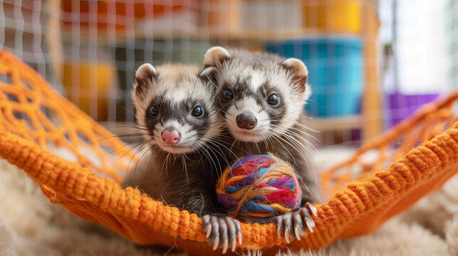 A playful ferret enjoying a large playpen with tunnels, hammocks, and toys. Its antics and the interactive setup contribute to a lively and joyful atmosphere.

