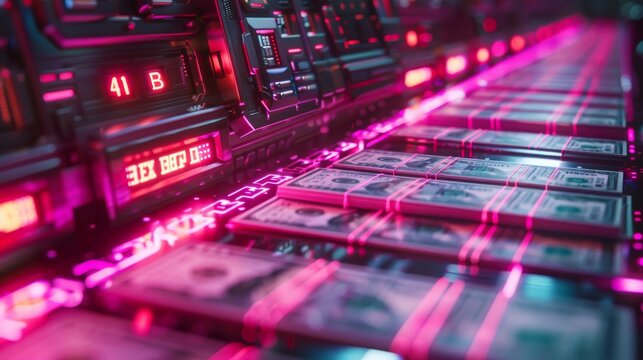 DETAILED ANDROID ROBOT MINTING $100 BILLS,EXTREMELY DETAILED,PHOTO REALISTIC,BRIGHT NEON COLORS,4K UHD 