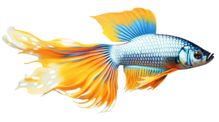 A photorealistic portrait of a regal Guppy fish, its tail fanning out like a colorful crown