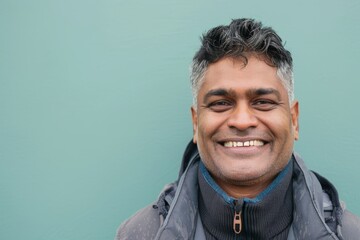 Obraz premium Portrait of a grinning indian man in his 40s wearing a lightweight packable anorak in pastel or soft colors background