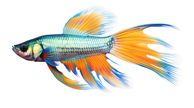 A photorealistic portrait of a regal Guppy fish, its tail fanning out like a colorful crown