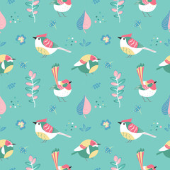 Cute seamless pattern with birds and leaves.Green background. Perfect for baby prints, home textiles, baby shower, fabric print, greeting card design, scrapbook elements and wrapping paper design.