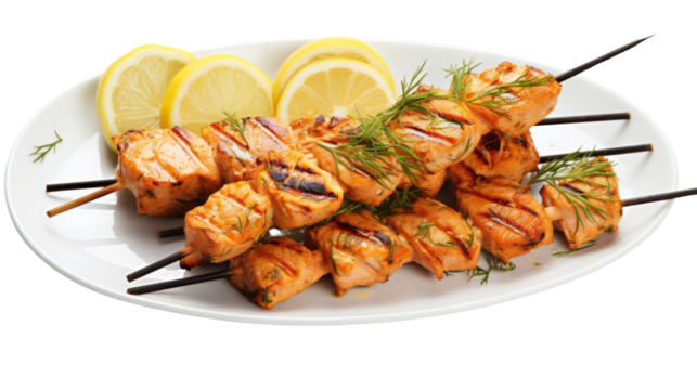 A photo of grilled salmon skewers, perfectly seared with grill marks, drizzled with a zesty lemon-dill sauce,