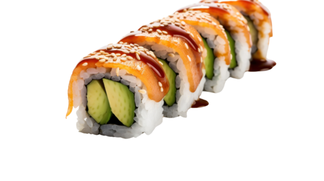 A photo of a salmon sushi roll, filled with fresh salmon sashimi, avocado, and cucumber, drizzled with soy sauce and wasabi