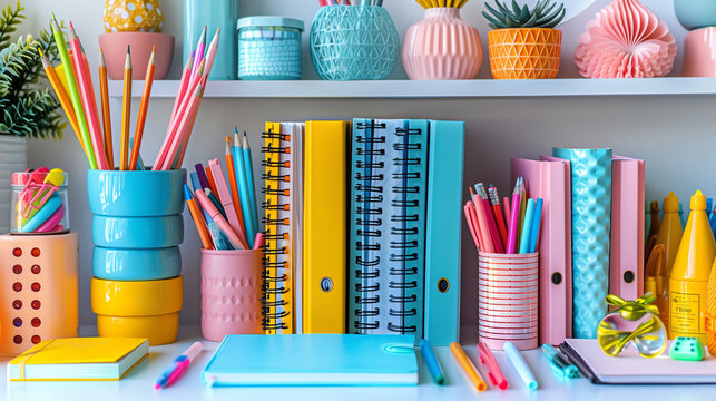 Vibrant stationery items neatly arranged on a white desk against a clean, minimalist backdrop, highlighting their colorful appeal and organized presentation.


