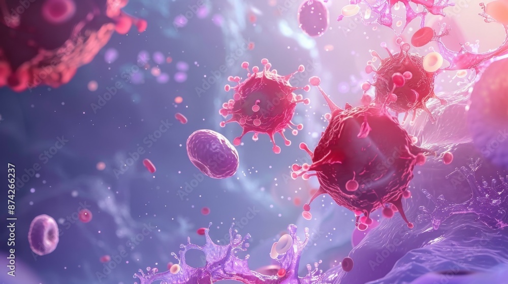 Leinwandbilder a colorful 3d rendering depicts several viruses and red blood cells floating within a light purple f