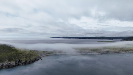 Aerial landscape of foggy island