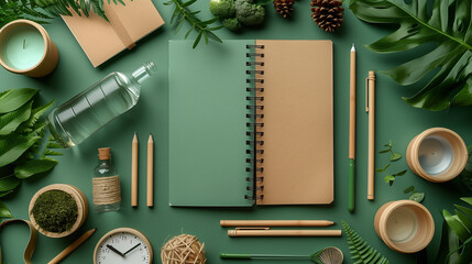 Green-themed workspace featuring recycled paper notebooks, bamboo pens, and a reusable water...