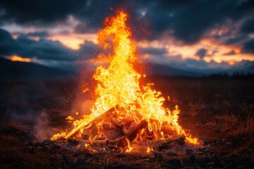 Enchanting Bonfire at Night: Orange and Yellow Flames Against Dark Sky
