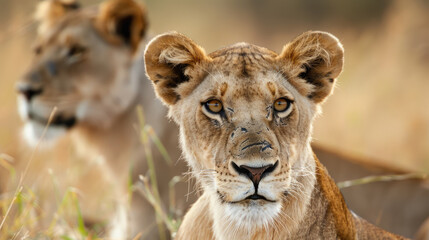 Obraz premium Close-Up Portraits of Lions in Their Natural Savanna Habitat