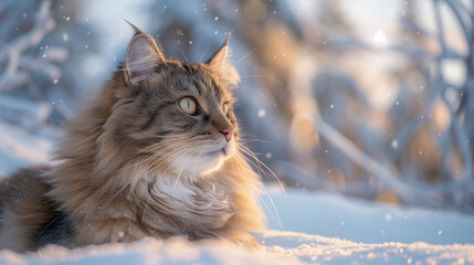 In a winter wonderland of snow and pines under a clear blue sky, a Norwegian Forest cat's thick, fluffy fur adds to the scene's magical charm.






