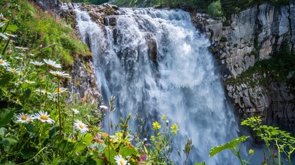 A powerful waterfall tumbling over a cliff, surrounded by vibrant green foliage and wildflowers.