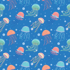 Seamless pattern with jellyfish in cartoon style. Blue background. The underwater world. Perfect for clothing design, home textiles, fabric print, scrapbook elements, greeting card and wrapping paper.
