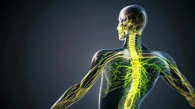 Detailed illustration of a human body showcasing the nervous system glowing in the dark. The image highlights the complexity of the network, suitable for educational and medical purposes.