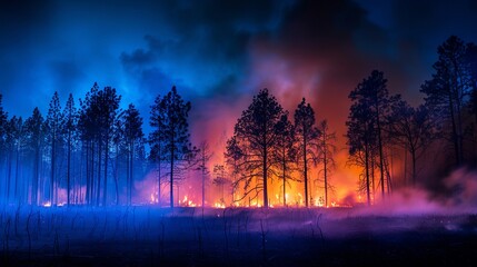 Forest Fire, Wildfire burning tree in orange and blue color at night,air pollution cause of dust PM2.5