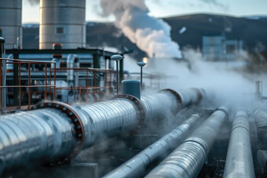 A close-up of a geothermal power plant with steam vents and pipes, showcasing the technology behind harnessing underground heat