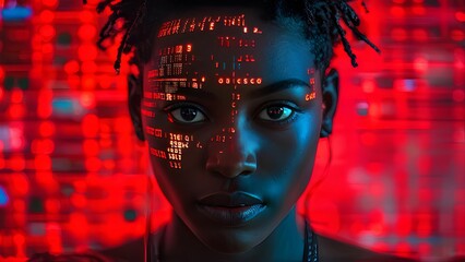 Focused young woman with digital code projections against vibrant red background. Generative AI